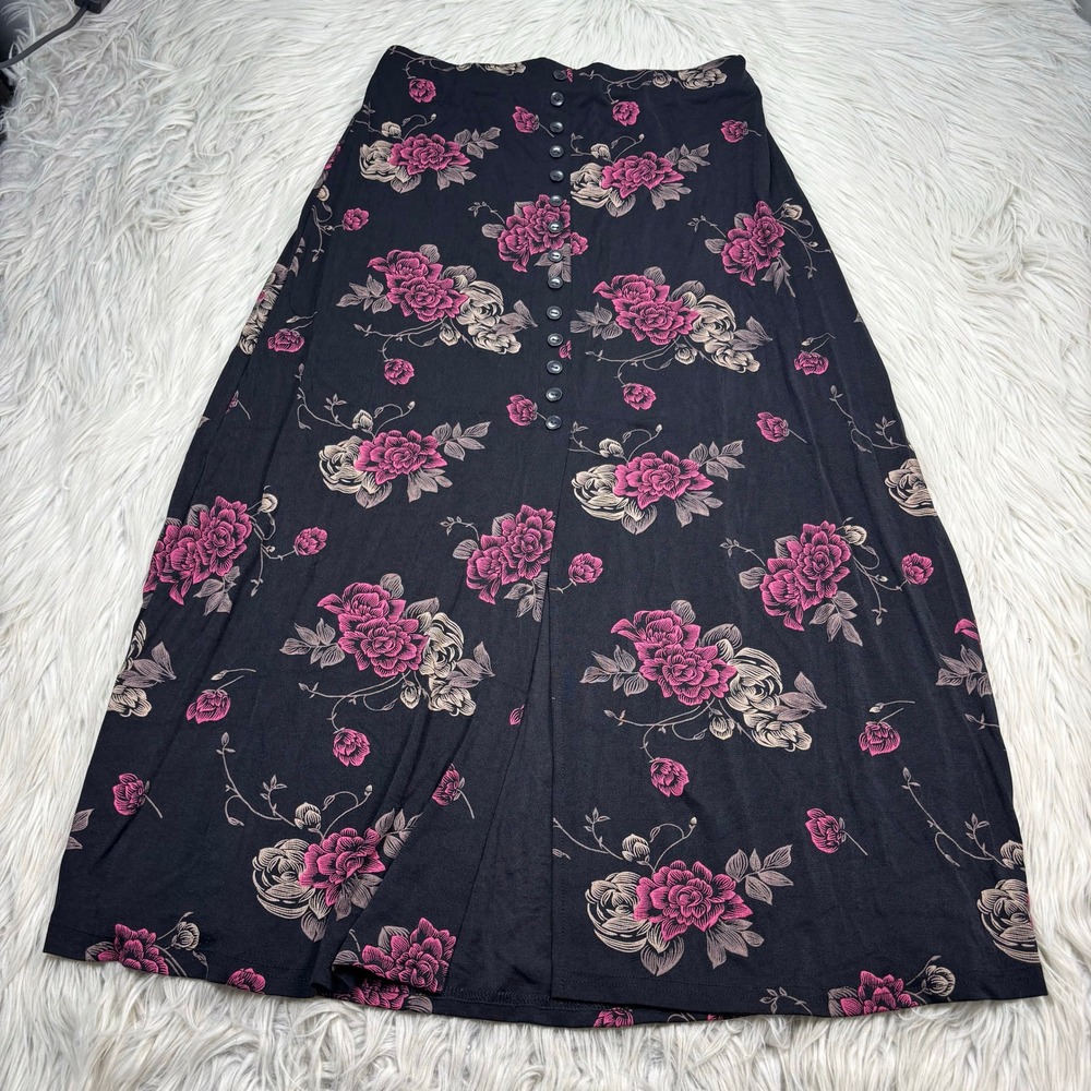 Vintage Briggs New York Women's MP Black Pink Floral Slinky Knit Midi Skirt